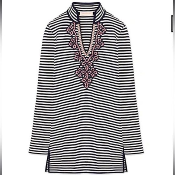 Tory Burch navy white stripe tunic long sleeve red embroidery medium m - Picture 3 of 7